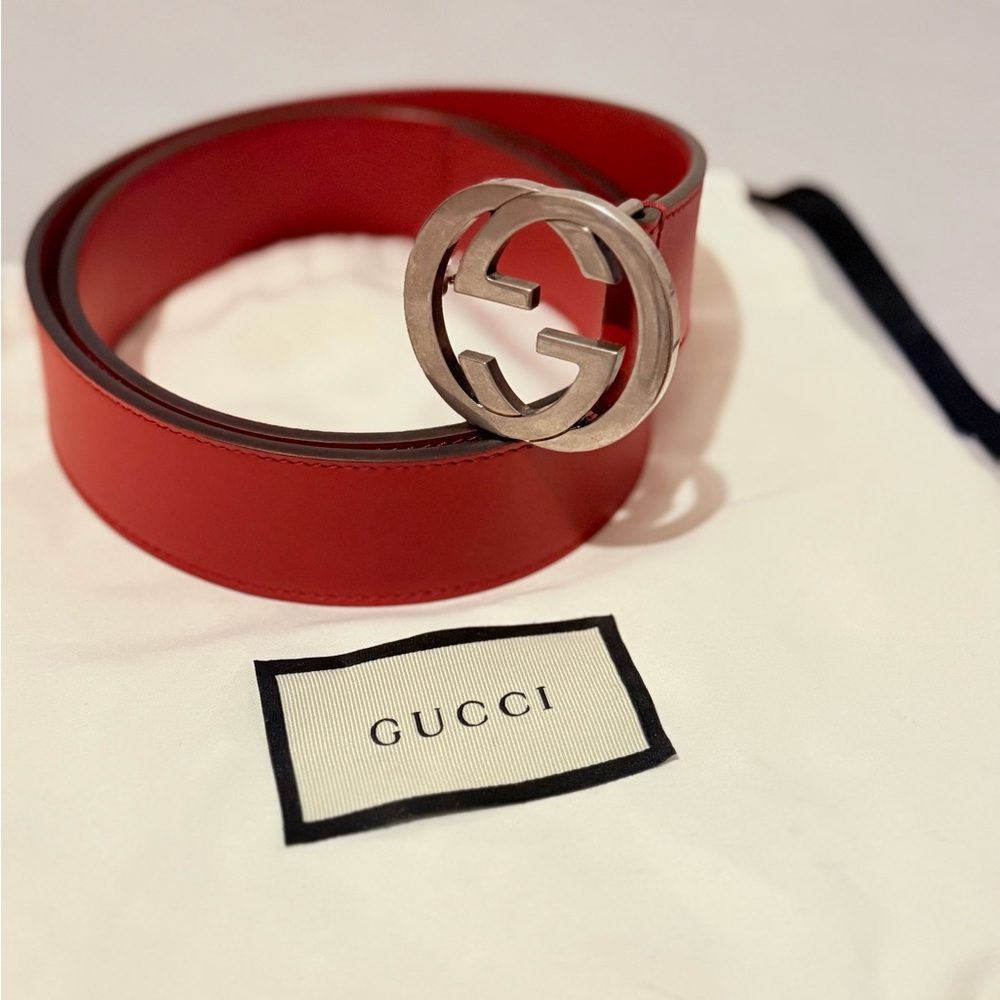Gucci Red Belt with Silver Logo Buckle